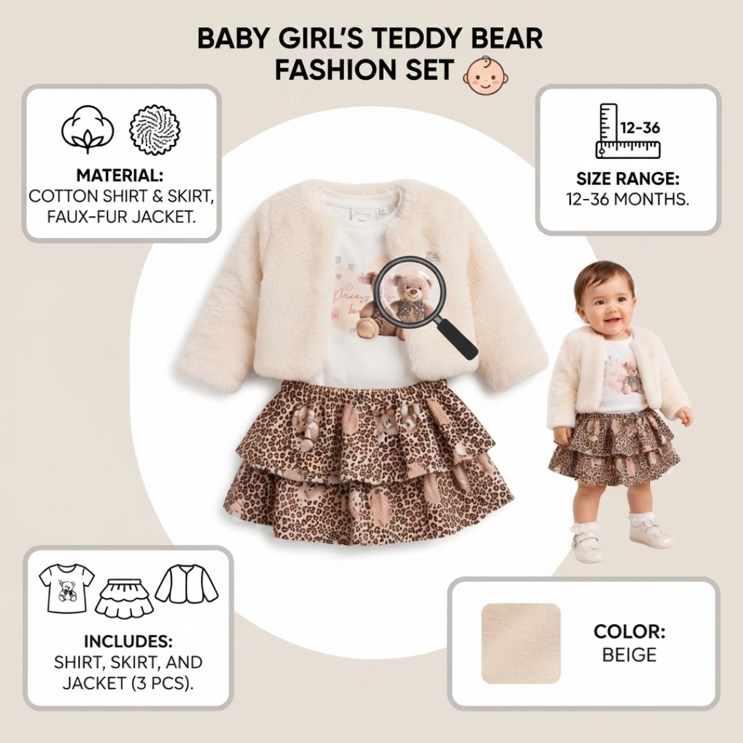 Baby girl's teddy bear fashion set featuring a white cotton shirt, beige faux-fur jacket, and a brown leopard-print tiered skirt, shown with a toddler model and informational text boxes.