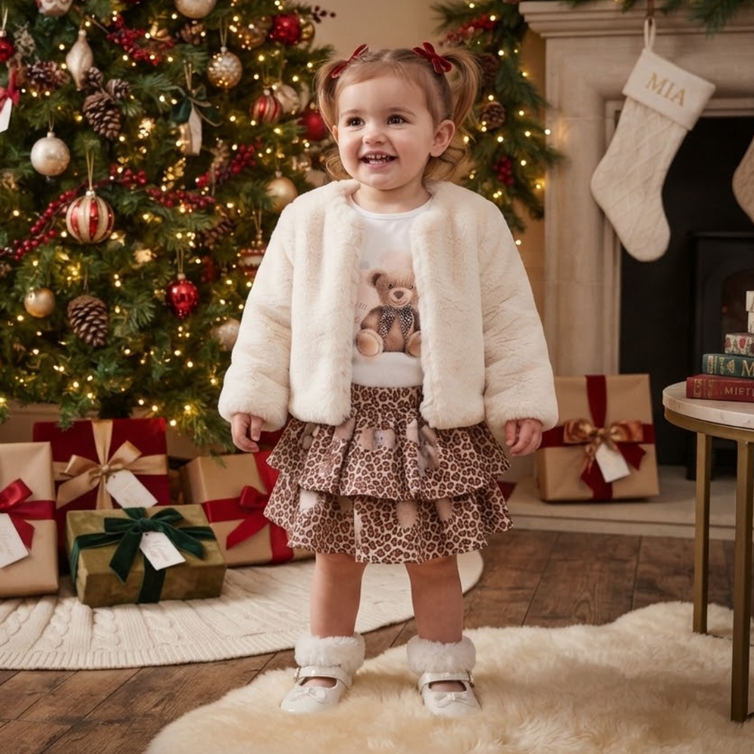 A toddler girl stands in a cozy Christmas living room wearing a cream faux fur cropped jacket over a white teddy bear graphic t-shirt, a brown leopard print tiered skirt, and white booties. A decorated Christmas tree, stockings, and wrapped gifts are visible in the background.