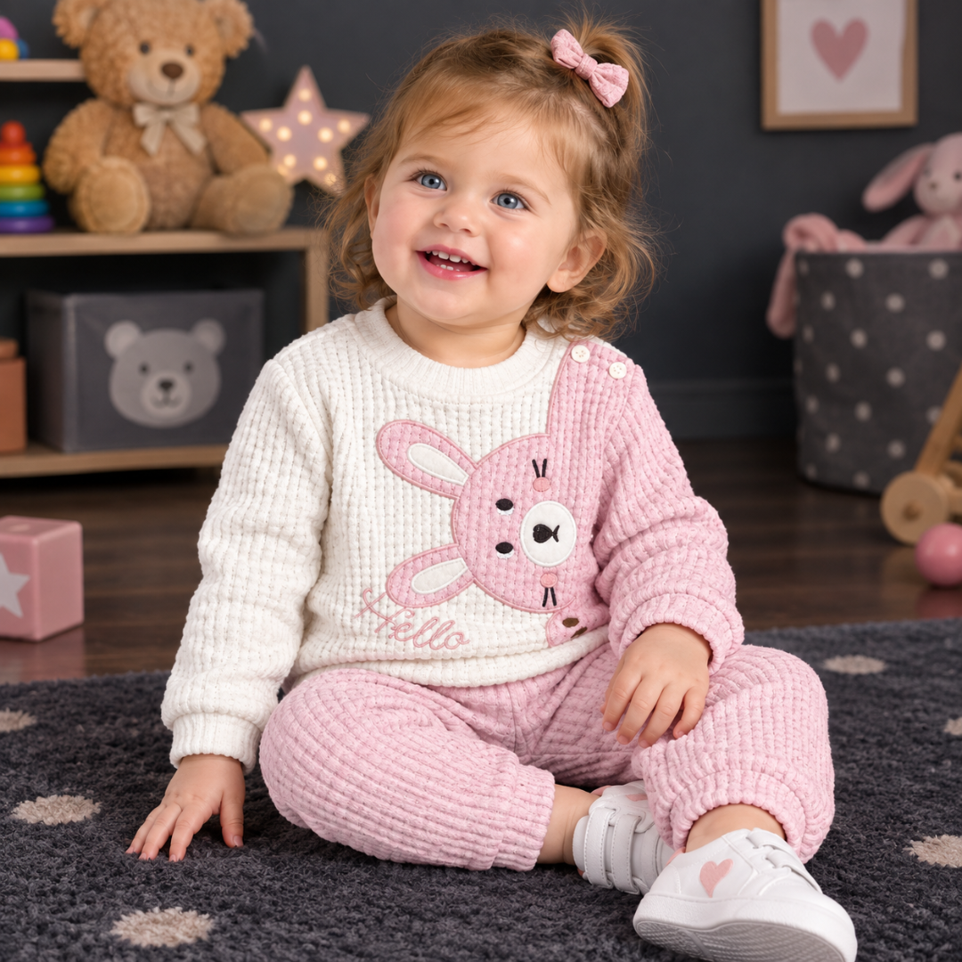 A toddler girl sitting on a dark rug in a cozy room, wearing a waffle-knit two-piece pajama set with a white top featuring a pink bunny graphic and matching pink pants.
