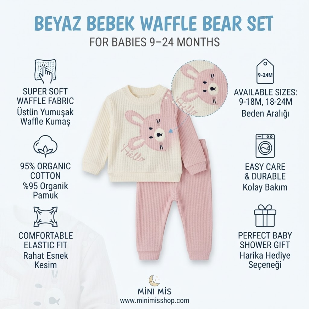 Baby waffle knit two-piece outfit set with a cream long-sleeve top and light pink pants, featuring a pink cartoon bear graphic on the chest. The image includes descriptive text, icons, and sizing information on a light blue background.