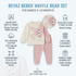 Baby waffle knit two-piece outfit set with a cream long-sleeve top and light pink pants, featuring a pink cartoon bear graphic on the chest. The image includes descriptive text, icons, and sizing information on a light blue background.