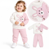 A toddler modeling a two-piece waffle-knit sweatsuit set with a pink bunny applique and 'Hello' text on a cream top and pink pants. A circular inset shows a close-up of the bunny detail, and a smaller standalone view of the outfit appears on the right, all on a white background.