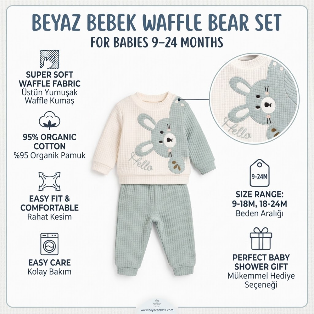 A baby waffle knit bear-themed two-piece outfit set on a light gray background with Turkish text. The set includes a cream long-sleeve top with a light blue bear face and the word 'Hello,' paired with light blue waffle-knit pants.