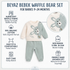 A baby waffle knit bear-themed two-piece outfit set on a light gray background with Turkish text. The set includes a cream long-sleeve top with a light blue bear face and the word 'Hello,' paired with light blue waffle-knit pants.