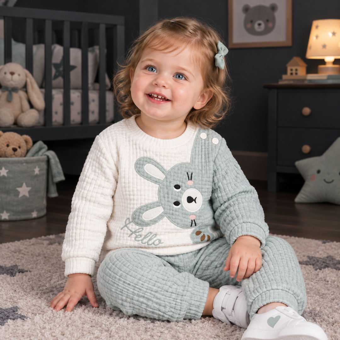 A toddler girl wearing a waffle-knit two-piece pajama set with a bunny graphic, sitting on a rug in a cozy child's bedroom.