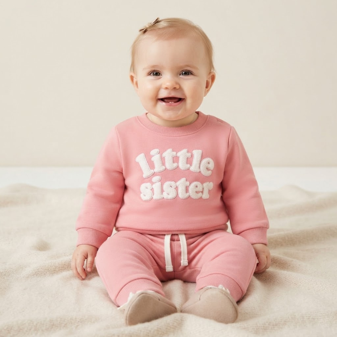 A baby sitting on a cream blanket wearing a pink two-piece sweatshirt and jogger set with 'Little sister' printed in white on the chest.