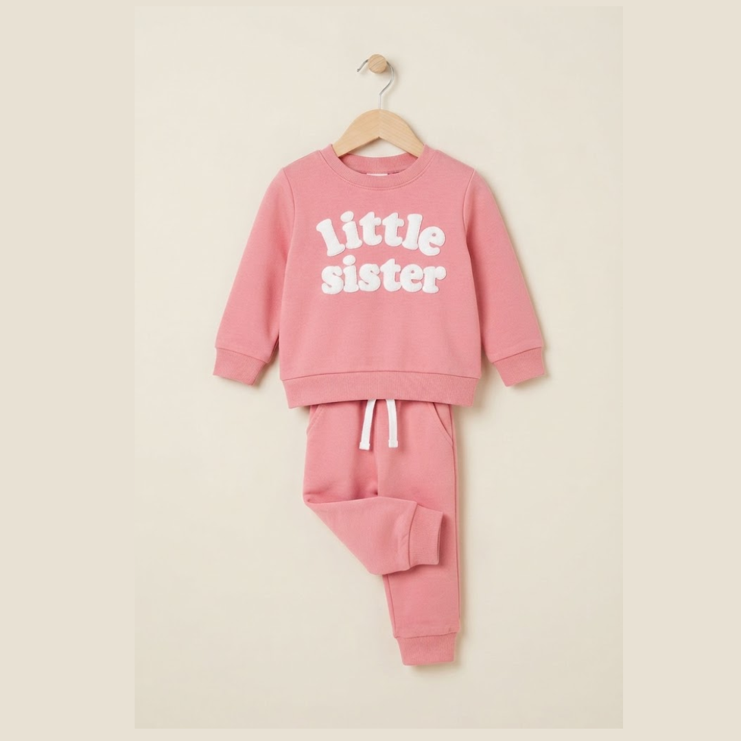 A two-piece kids' loungewear set in dusty pink, featuring a long-sleeve sweatshirt with 'little sister' printed in white across the chest and matching jogger pants with a white drawstring, hanging on a wooden hanger against a light beige background.