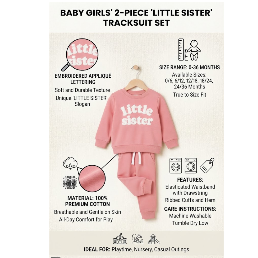 A baby girl's 2-piece tracksuit set displayed on a hanger with surrounding product information text. The set includes a light pink sweatshirt and matching joggers with white 'little sister' lettering on the sweatshirt.