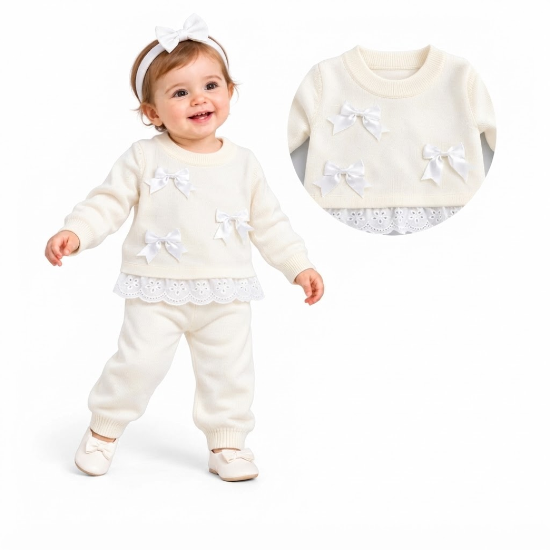 Infant girl in an ivory knit jumper and pants set with white ribbon bows and a matching headband against a white background.