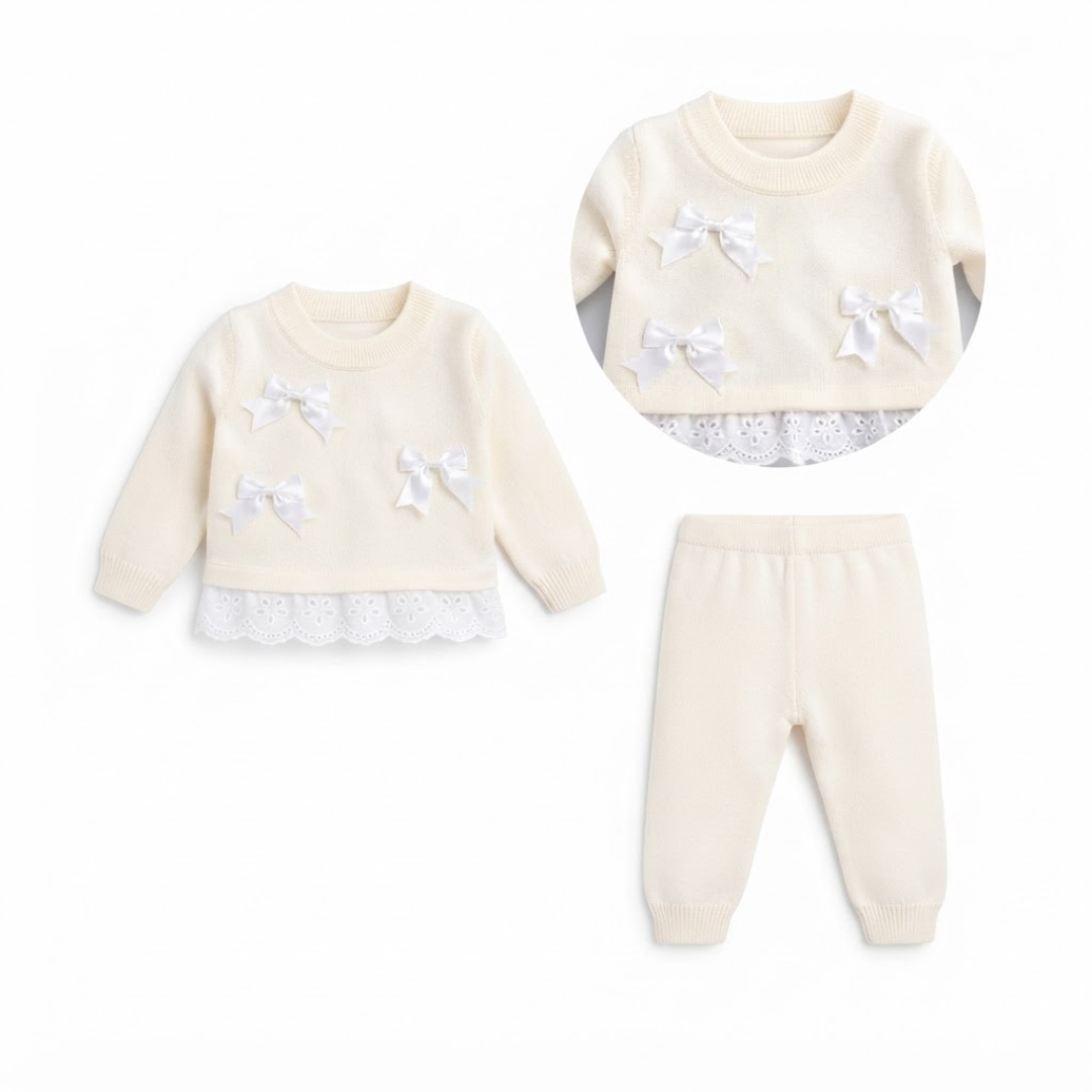 Off-white infant knitwear outfit displayed against a white background, including a bow-accented sweater with an eyelet lace border, coordinated pants, and an inset detail shot.   