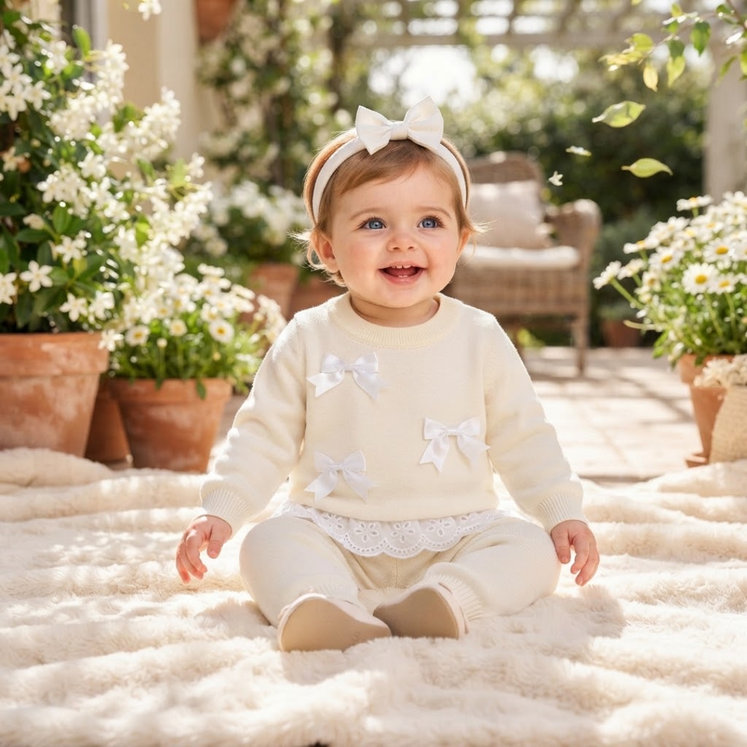 Close-up of an infant girl's full outfit: a cream knit sweater set adorned with multiple white satin bows and an eyelet lace trim, paired with a matching headband.