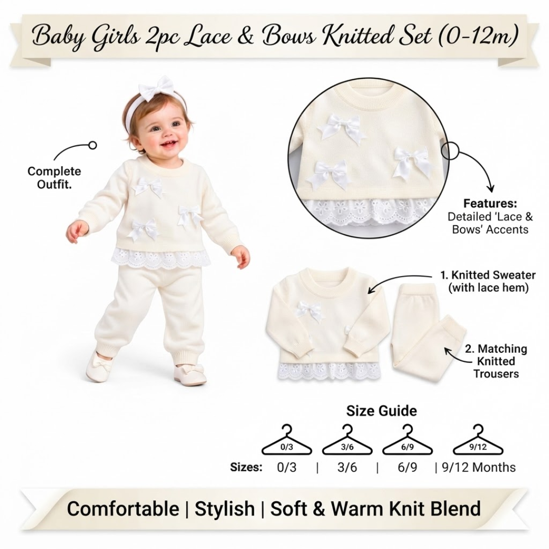 Infant girls knitwear set product listing graphic showing outfit details, matching pieces, and available sizes from 0 to 12 months.