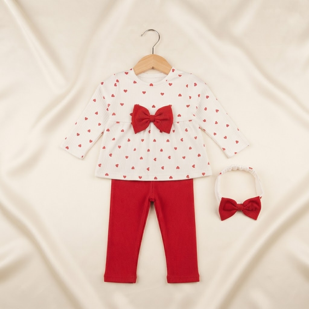 A toddler girl's two-piece pajama set hanging on a white hanger against a light beige background. The set includes a light pink long-sleeve sweatshirt with a cute cupcake graphic and the text 'SWEET LITTLE DOG' on the front, paired with cream-colored leggings patterned with small pink hearts.