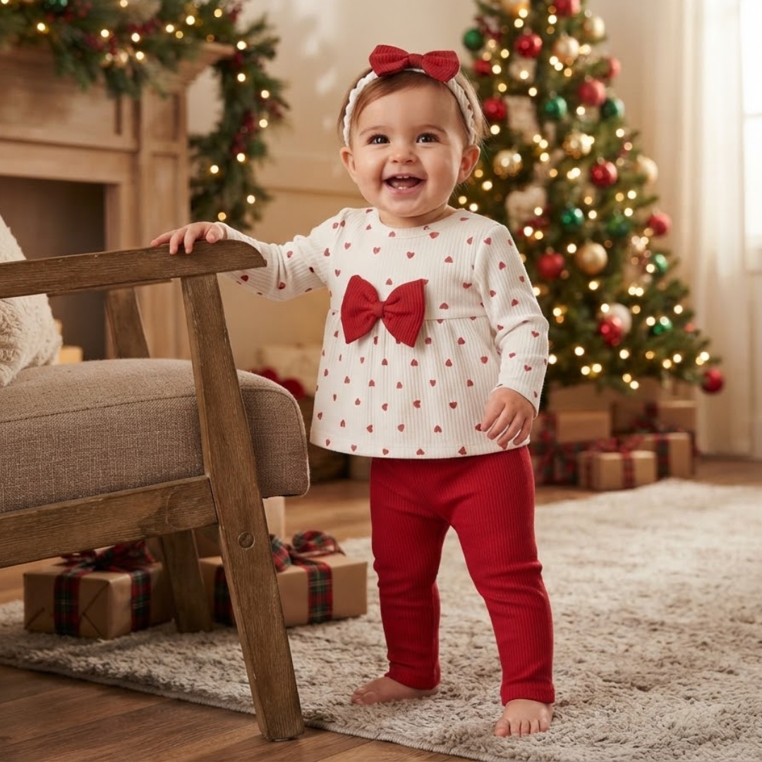 A toddler stands barefoot in a living room near a Christmas tree, wearing a white long-sleeve top with small red motifs and a large red bow at the chest, paired with red leggings and a red bow headband.