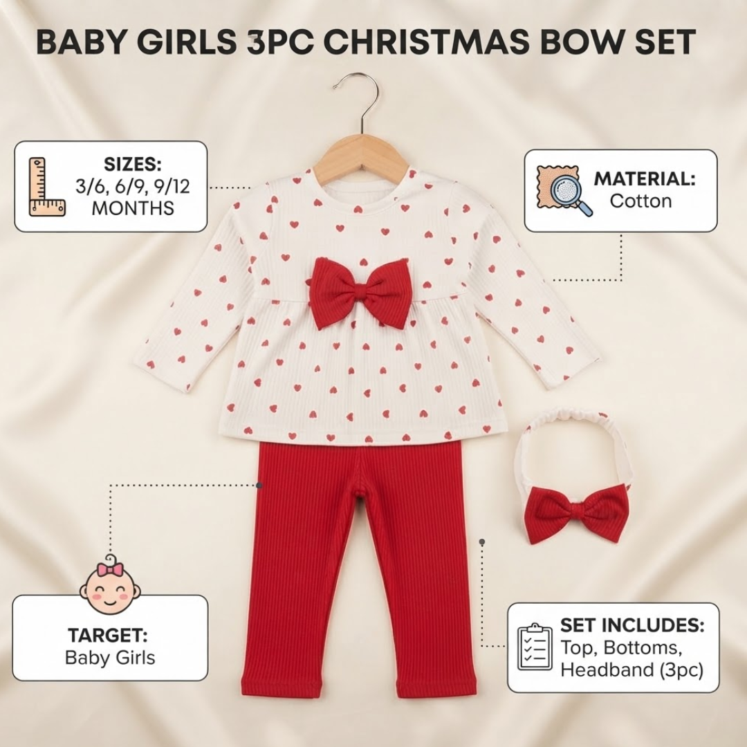 Baby girl's Christmas bow set featuring a white long-sleeve top with red heart print and a large red bow, paired with red leggings and a matching red bow headband, shown on a cream fabric background with informational callouts.