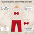 Baby girl's Christmas bow set featuring a white long-sleeve top with red heart print and a large red bow, paired with red leggings and a matching red bow headband, shown on a cream fabric background with informational callouts.
