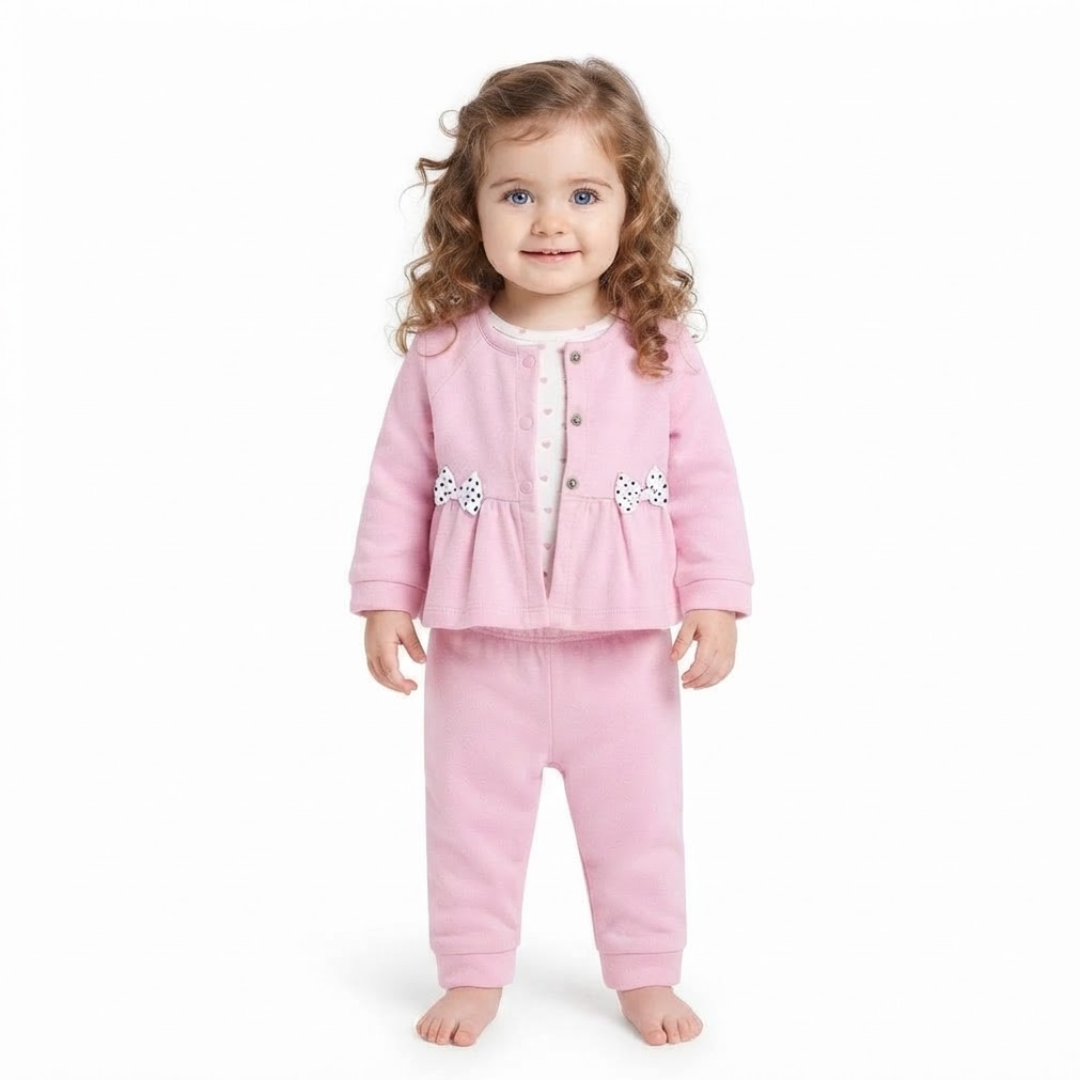 A toddler girl with curly light brown hair stands barefoot against a plain white background, wearing a pink two-piece outfit consisting of a long-sleeve button-front cardigan with white bow details and matching pink pants.