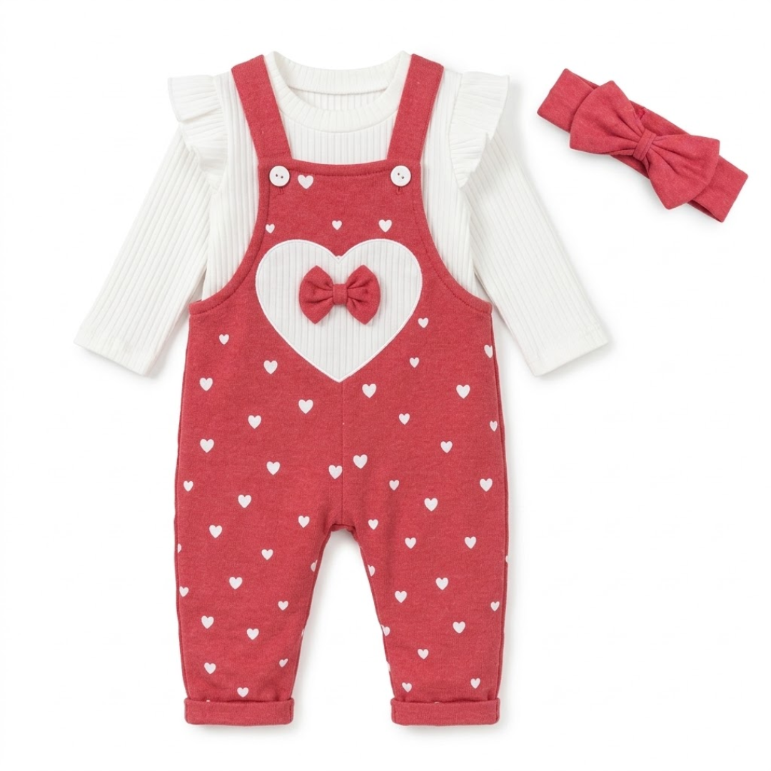 Baby Girls 3pc Heart Dungaree & Headband Set