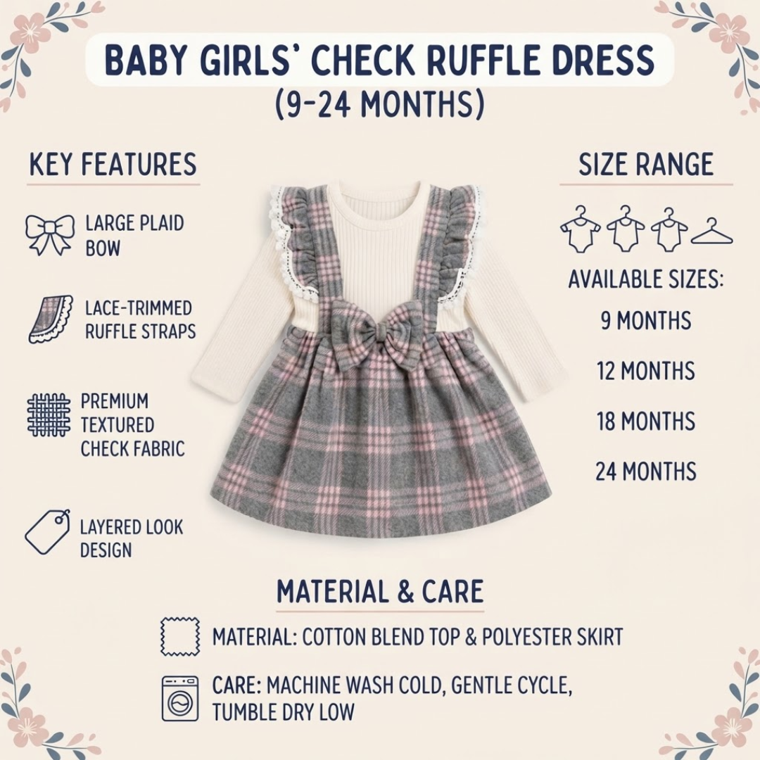 A baby girl's check ruffle dress shown on a cream background with product information text around it. The dress has a white ribbed knit top, gray plaid ruffled sleeves and skirt, and a bow at the waist.