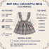 A baby girl's check ruffle dress shown on a cream background with product information text around it. The dress has a white ribbed knit top, gray plaid ruffled sleeves and skirt, and a bow at the waist.