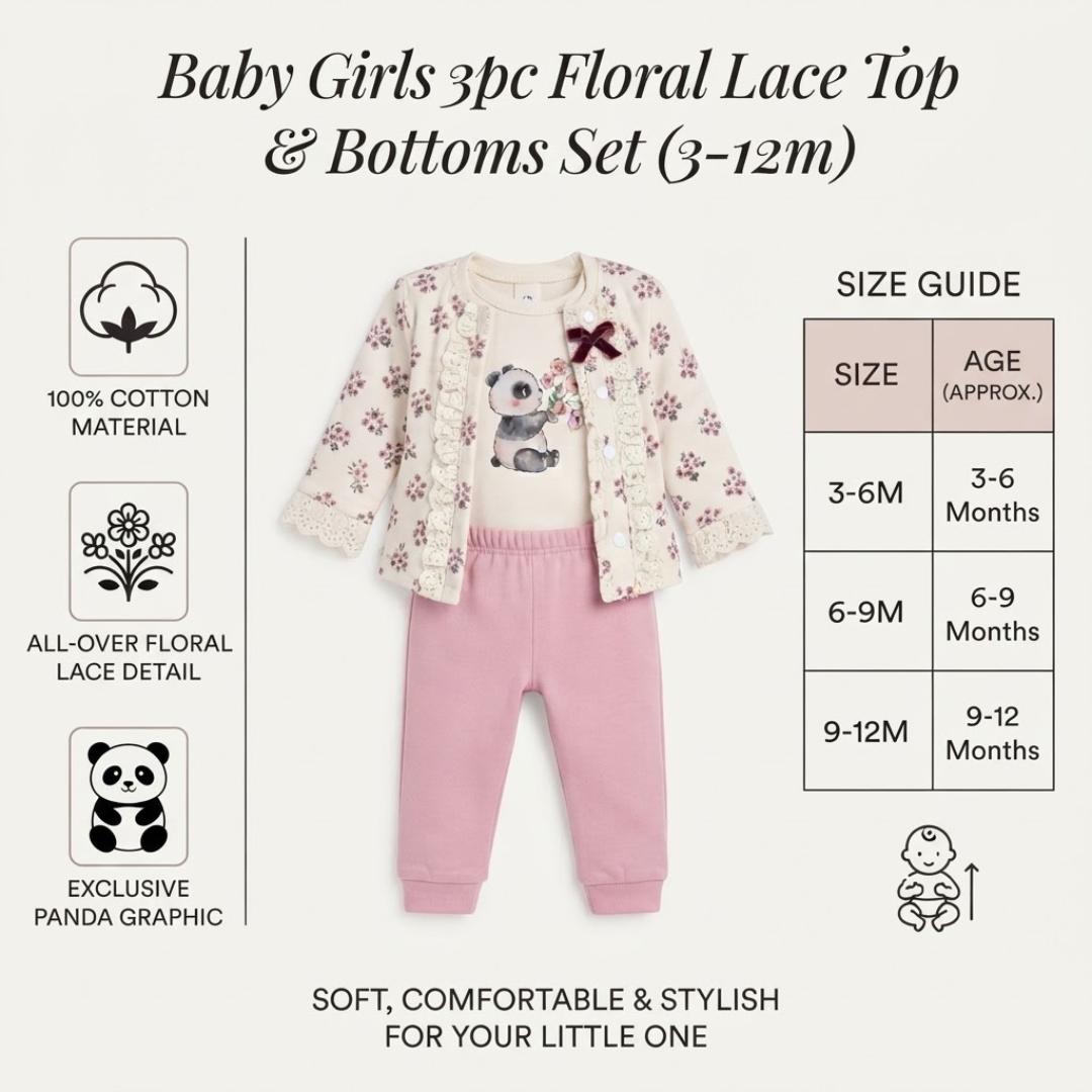 Baby girls 3-piece floral lace top and bottoms set (3-12m) shown on a cream background with product features, a size guide table, and icons for cotton material, lace detail, and panda graphic.