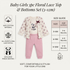 Baby girls 3-piece floral lace top and bottoms set (3-12m) shown on a cream background with product features, a size guide table, and icons for cotton material, lace detail, and panda graphic.