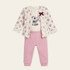 A toddler girl's three-piece outfit set featuring a cream-colored short-sleeve cardigan with pink floral prints and lace trim, a matching cream t-shirt with a cute panda graphic, and light pink sweatpants.