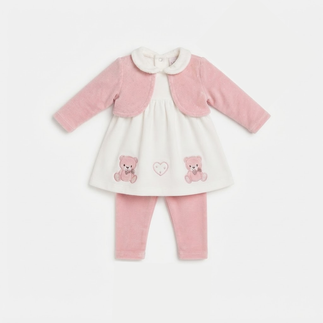 A baby girl's three-piece outfit set featuring a long-sleeve white dress with pink velvet sleeves and collar, pink leggings, and a matching pink velvet cardigan. The dress is decorated with two embroidered teddy bears and a small heart on the front.