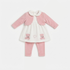A baby girl's three-piece outfit set featuring a long-sleeve white dress with pink velvet sleeves and collar, pink leggings, and a matching pink velvet cardigan. The dress is decorated with two embroidered teddy bears and a small heart on the front.