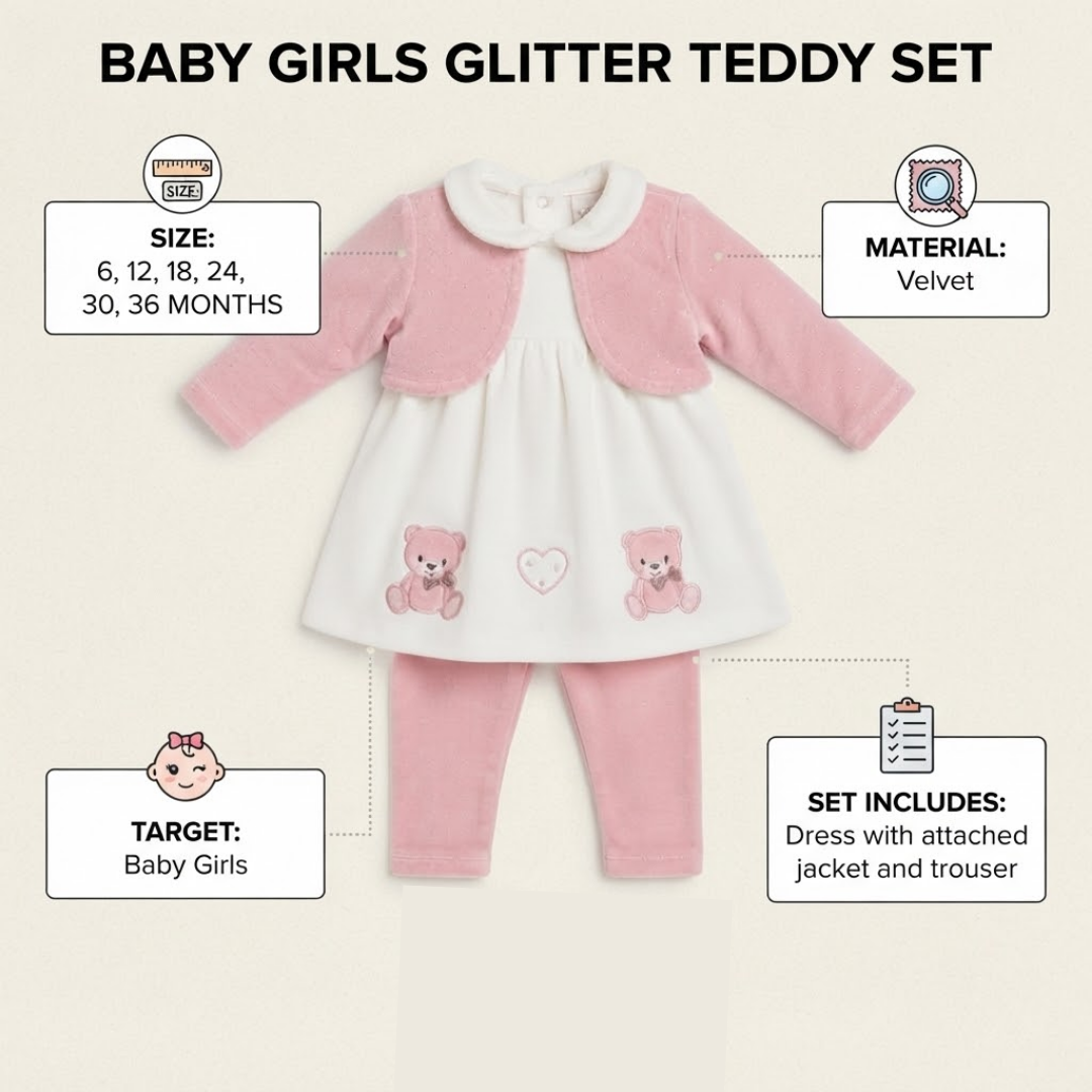 Infographic image of Baby Girls Glitter Teddy Set  Velvet Dress & Trouser