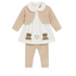A baby girl's three-piece outfit set featuring a cream-colored dress with teddy bear and heart embroidery, a beige polka-dot cardigan with a white collar, and matching beige pants.