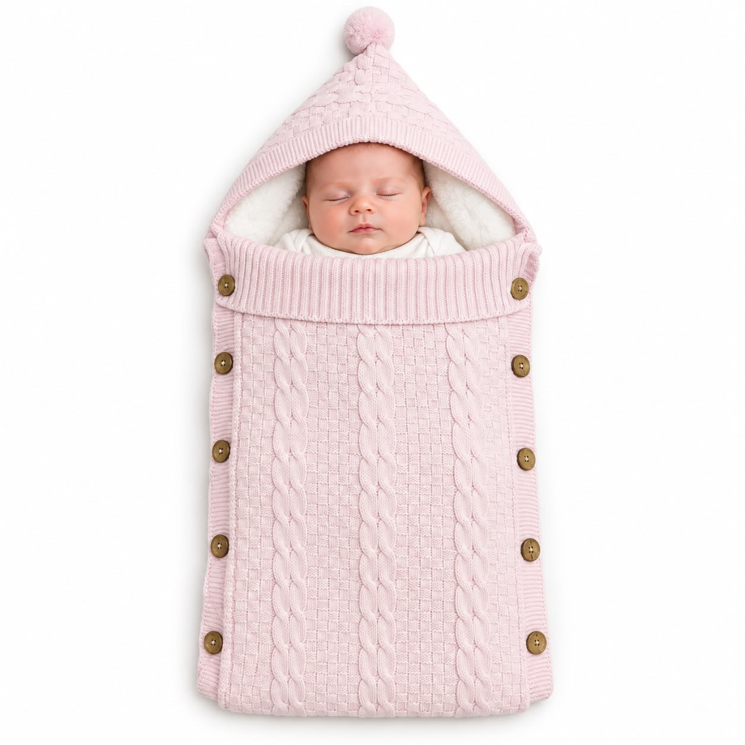 Baby pink cable-knit pram sleeping bag, swaddle blanket, and stroller bunting sack with a fleece-lined hood