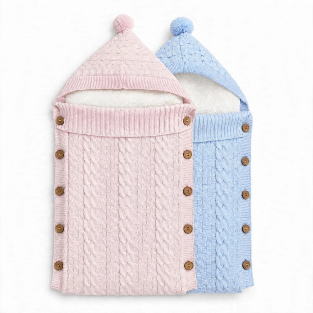Dual-color flat lay of newborn fleece-lined stroller sleeping sacks with cable-knit patterns and button closures.