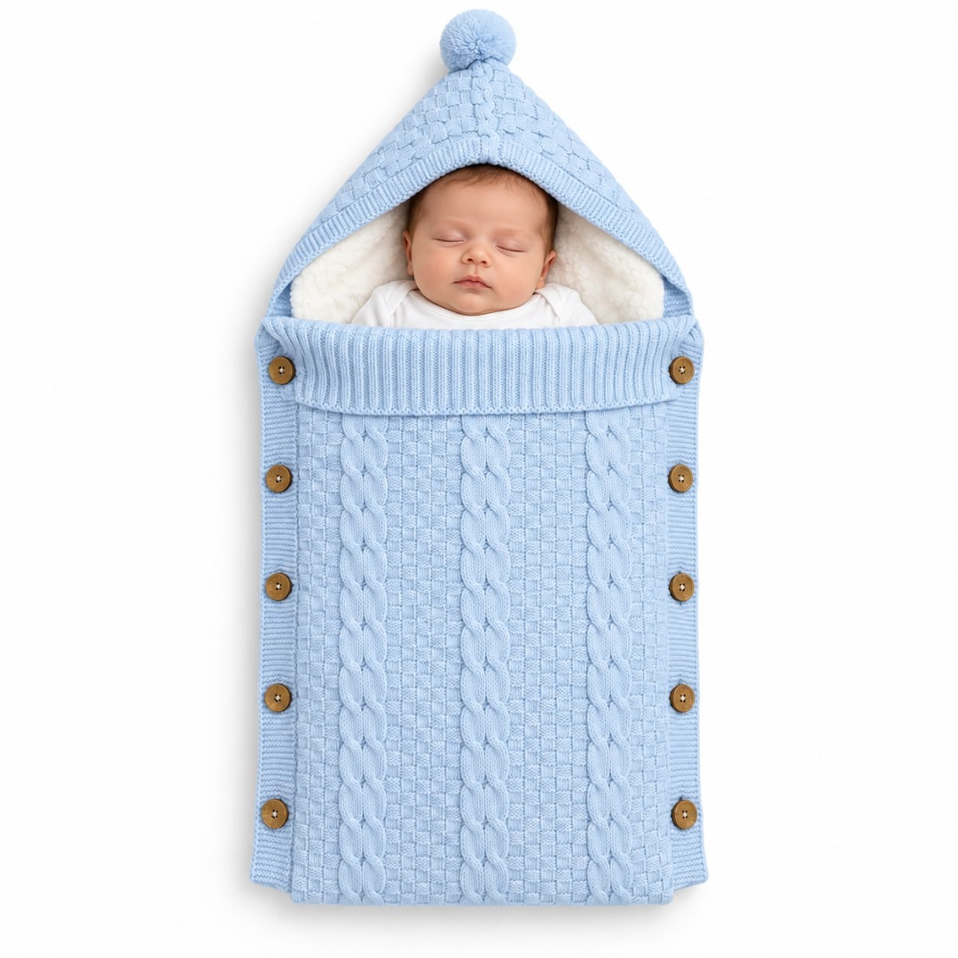 Newborn baby wrapped cozily in a warm, plush-lined knit wearable blanket for cold-weather walks and sleep.