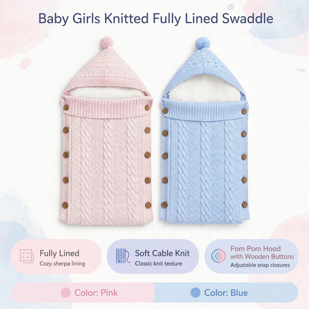 Product feature guide highlighting sherpa lining, cable-knit fabric, and button closures for newborn stroller bunting sacks.