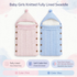 Product feature guide highlighting sherpa lining, cable-knit fabric, and button closures for newborn stroller bunting sacks.