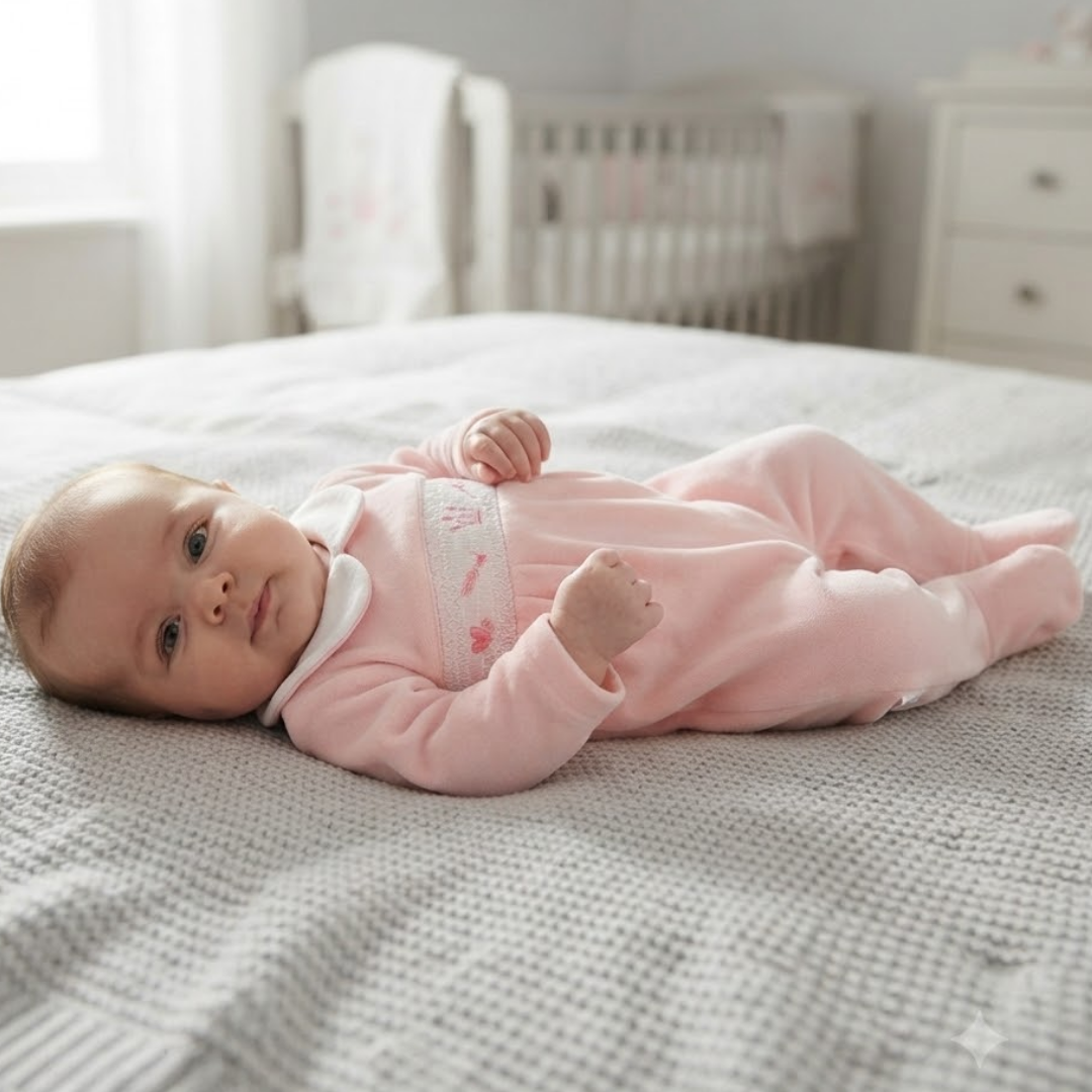 A baby lying on a textured gray blanket in a softly lit nursery, wearing a light pink footed sleeper with a white bib collar and a decorative embroidered chest panel.