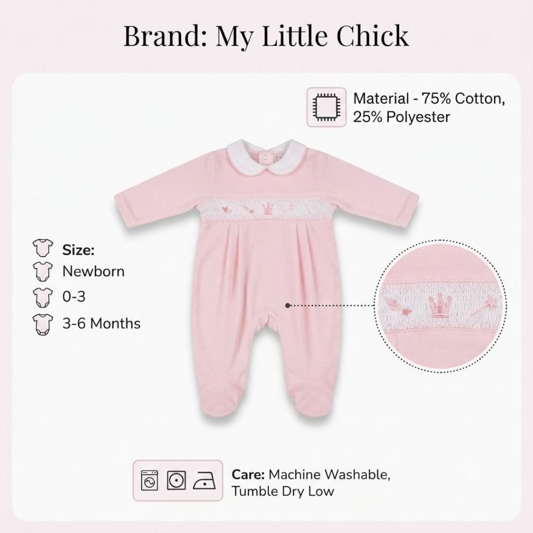 A pink baby footed sleeper with a white Peter Pan collar and white smocked crown detail, shown on a light pink background with product details, brand text 'My Little Chick', size info, and a circular detail inset.