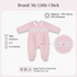 A pink baby footed sleeper with a white Peter Pan collar and white smocked crown detail, shown on a light pink background with product details, brand text 'My Little Chick', size info, and a circular detail inset.