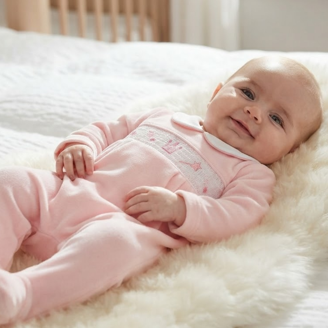 A smiling baby lying on a white faux fur blanket, wearing a light pink footed sleeper with a smocked chest design.