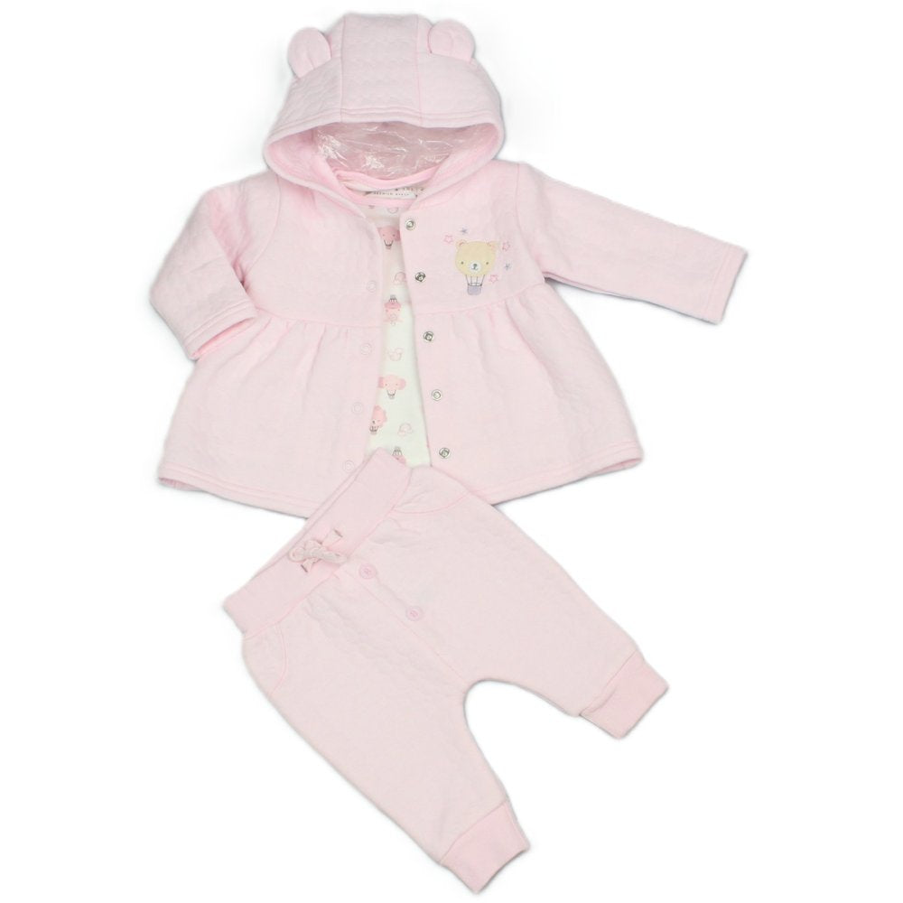 A baby girl's two-piece clothing set in light pink, featuring a hooded cardigan with bear ears on the hood and a small bear face graphic on the chest, paired with matching pink pants.