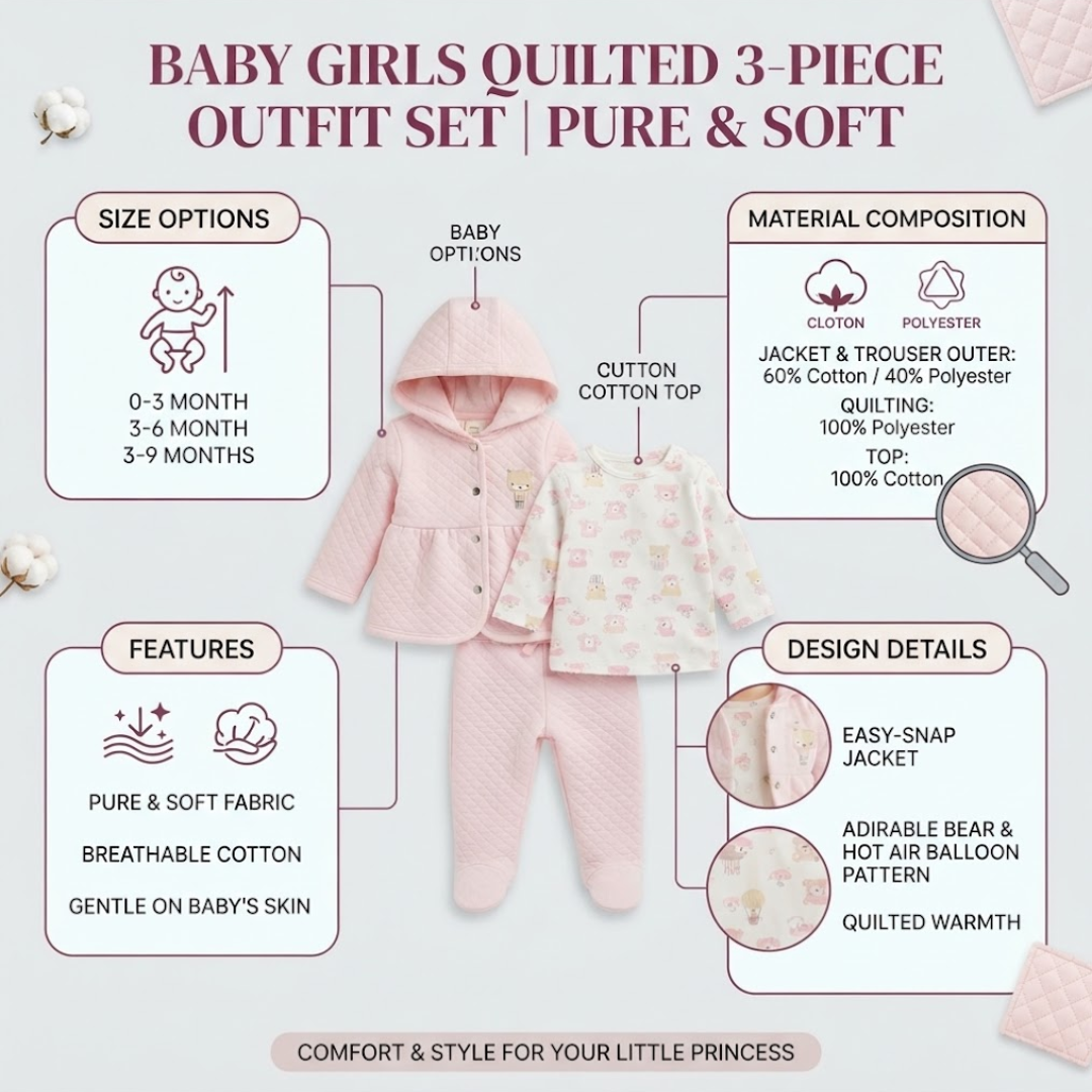 A baby girl's quilted 3-piece outfit set in pink, displayed on a light gray background with informational callout boxes detailing size options, material composition, features, and design details.
