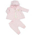 A baby girl's two-piece clothing set in light pink, featuring a hooded cardigan with bear ears on the hood and a small bear face graphic on the chest, paired with matching pink pants.