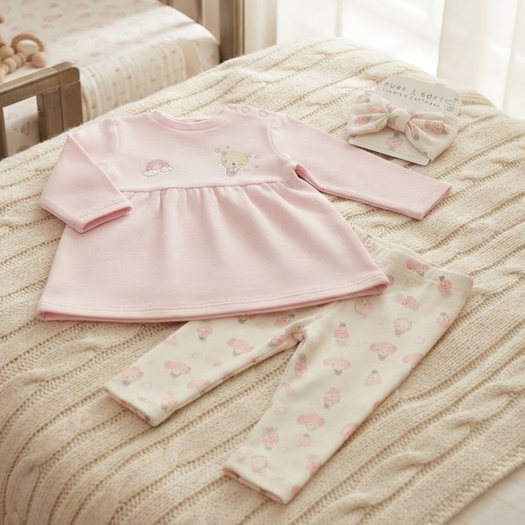 A baby girl's two-piece outfit set consisting of a light pink long-sleeve top with a small cartoon bunny and rainbow graphic, paired with cream leggings featuring a pink strawberry pattern. A matching pink bow headband is also shown on a cozy cream cable-knit blanket.