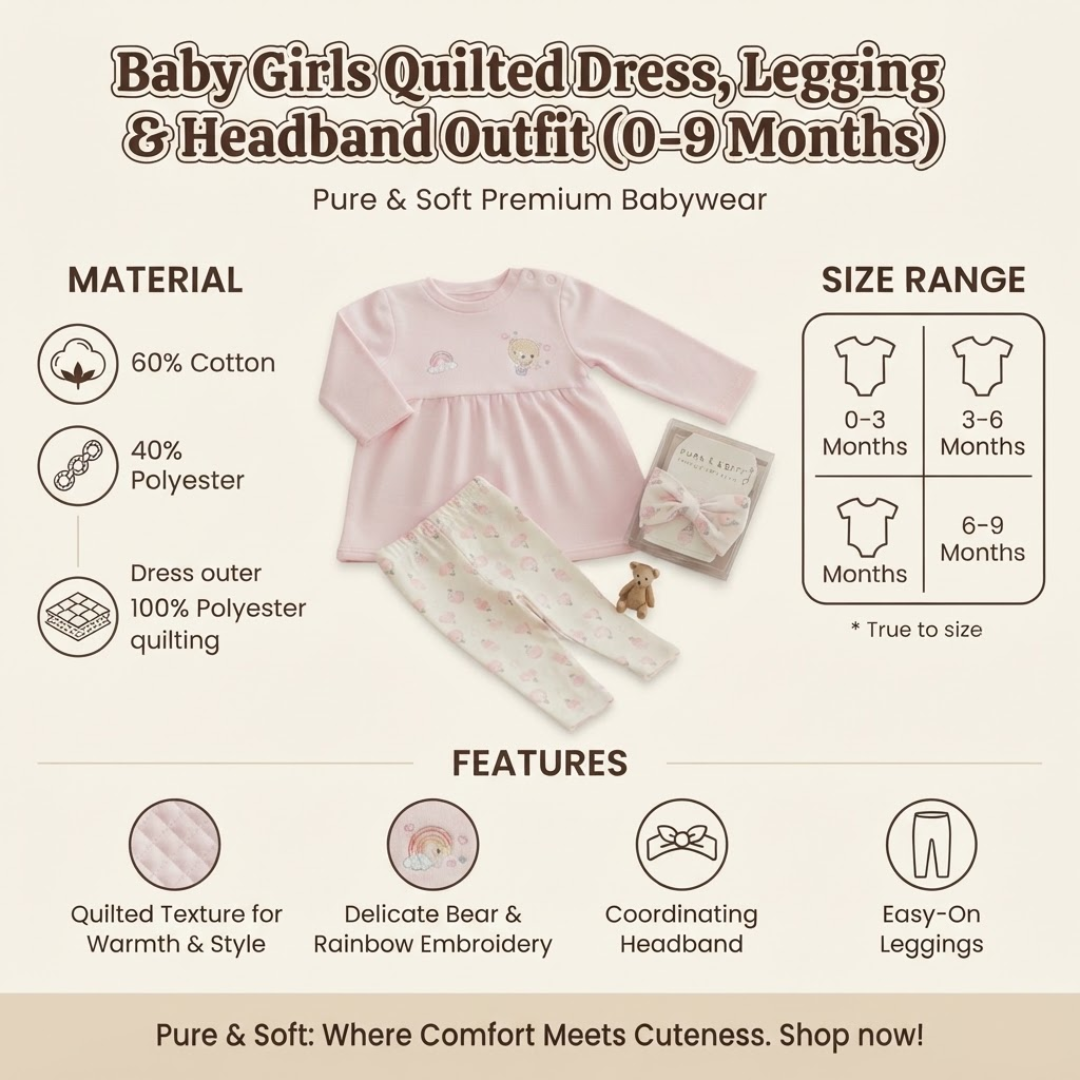 A promotional infographic for a baby girl's quilted dress, legging, and headband outfit. The image shows a light pink long-sleeve quilted dress with a small rainbow and bear embroidery, matching patterned leggings, and a coordinating headband.