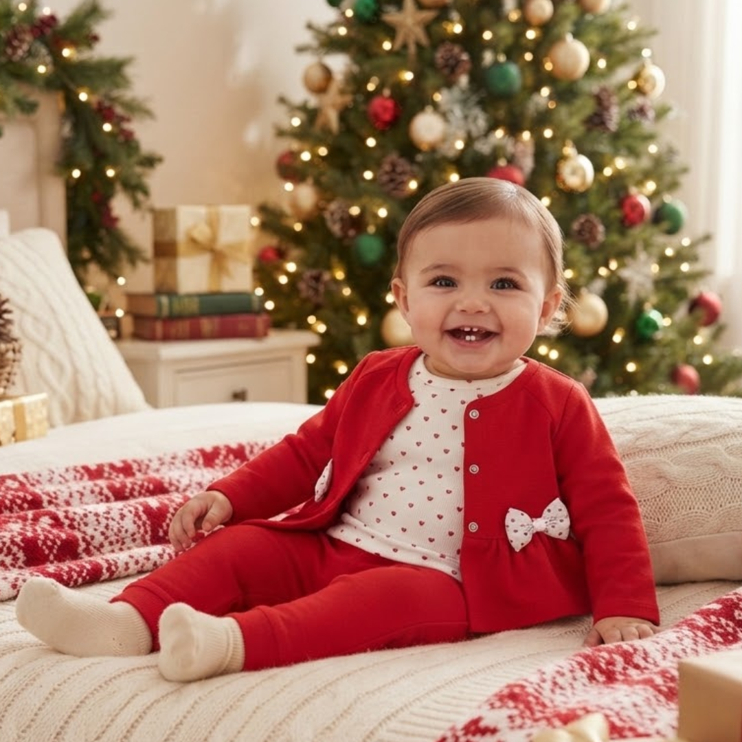 A sleeping newborn baby wearing a navy blue and white long-sleeve footed romper with a matching beanie hat, resting on a textured cream blanket.