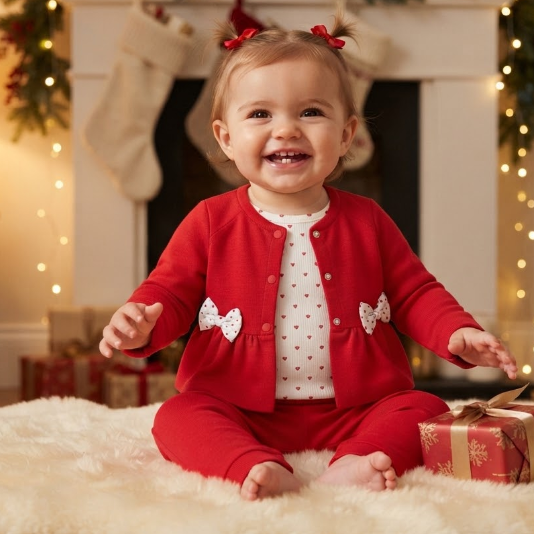 A baby wearing a festive red Christmas outfit with a matching beanie, lace trim, and white bow, sitting on a cream knit chair in front of a decorated Christmas tree.