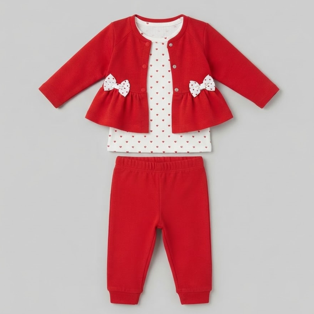 A baby wearing a festive red Christmas pajama set with white lace trim and a matching red hat, standing next to a small wooden stool in a decorated holiday room with Christmas trees and warm lights.