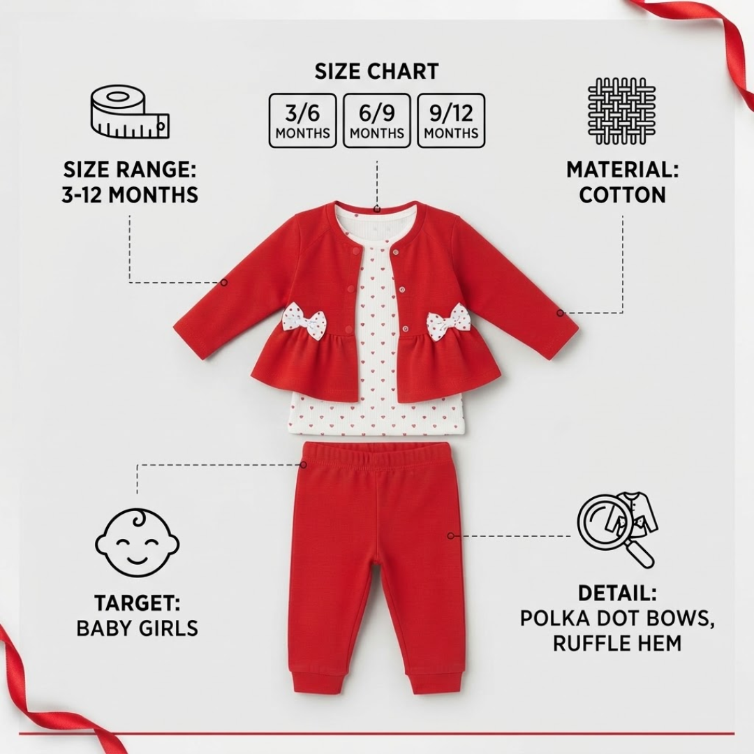 Baby girls' red velvet Santa outfit by Justees, shown on a light gray infographic background with text callouts for material, size chart, PC count, and features. The set includes a long-sleeve shirt, pants, and hat, with lace trim and a white bow detail.