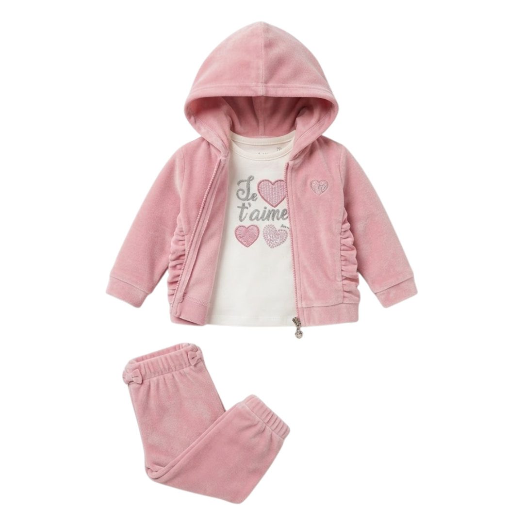 A baby girl's two-piece pink fleece outfit set, featuring a zip-up hooded jacket with a white graphic t-shirt underneath and matching pink pants, displayed on a clean white background.